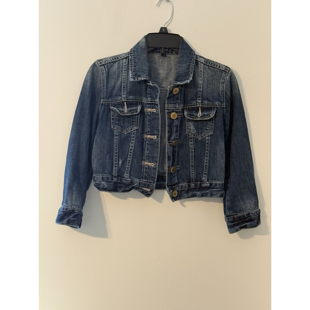 American Eagle Outfitters Distressed Girls Denim Cropped Jacket Blue S Classic